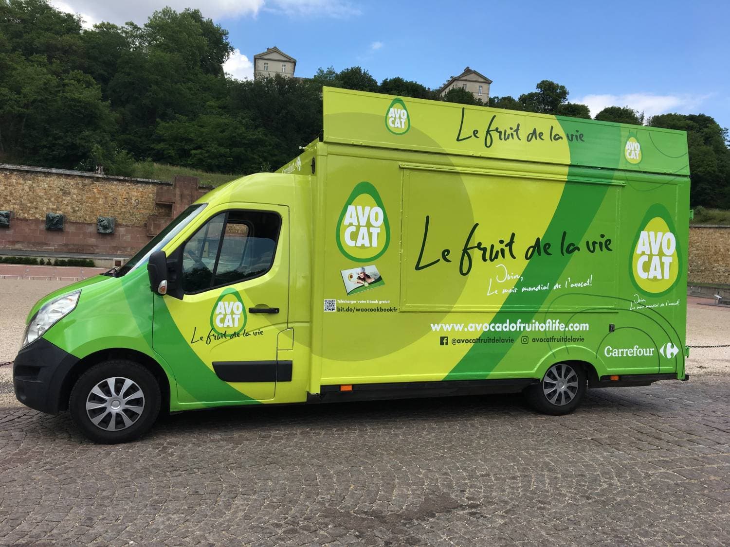 Vue latérale gauche du Renault Master vert Carrefour Avocat avec logo et slogan Le fruit de la vie