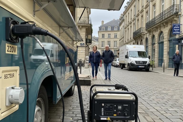 Food truck vintage MCR branché sur alimentation 220V et groupe électrogène, solution électrique autonome.