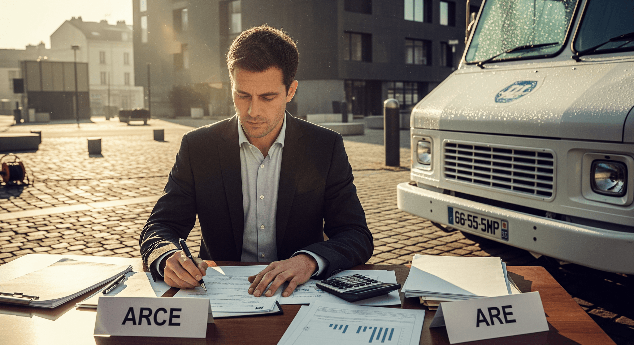 Entrepreneur finalisant des documents ARCE/ARE pour son projet food truck, avec véhicule professionnel blanc en arrière-plan.