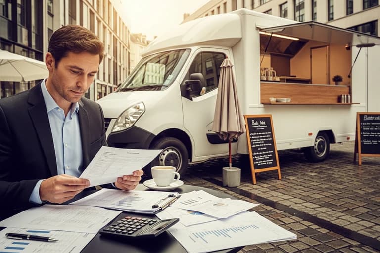 Entrepreneur évaluant un budget pour son projet de food truck, avec un camion aménagé blanc moderne en arrière-plan.