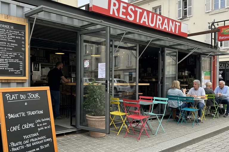 Restaurant moderne aménagé dans un container maritime, avec terrasse colorée et clients en plein centre-ville.