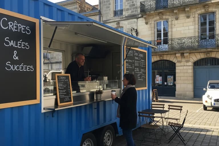 Container aménagé bleu MCR en crêperie urbaine. Un vendeur sert une cliente devant des bâtiments en pierre.