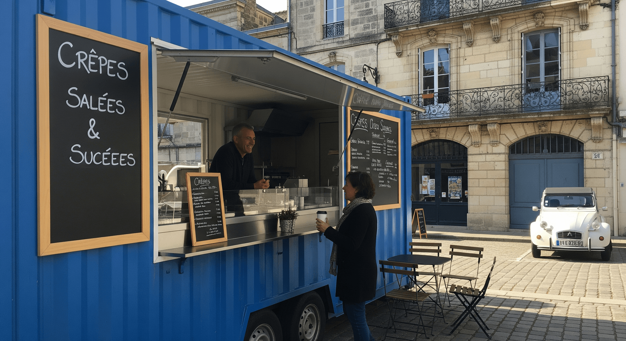 Container aménagé bleu MCR en crêperie urbaine. Un vendeur sert une cliente devant des bâtiments en pierre.