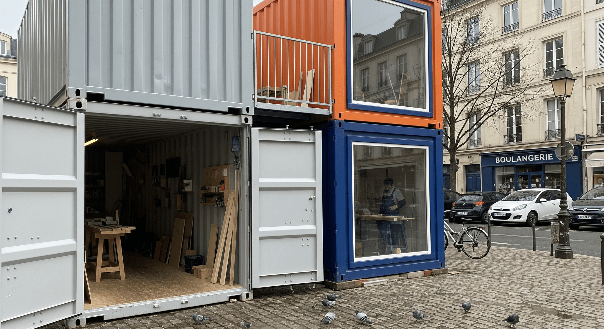 Containers aménagés MCR, ateliers modulaires superposés. Un workshop gris ouvert, un bleu vitré et un orange avec balcon.
