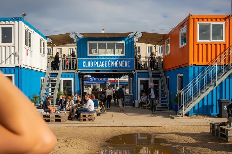 Club de plage éphémère MCR : containers aménagés modulaires bleu, blanc, orange, avec terrasses et escaliers.