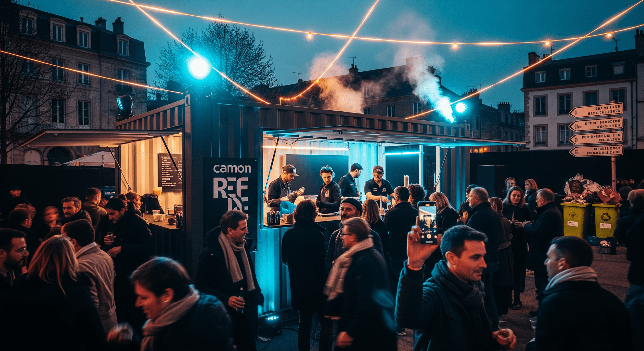 Container aménagé événementiel lumineux avec bar intégré, servant des boissons à une foule animée en soirée urbaine.