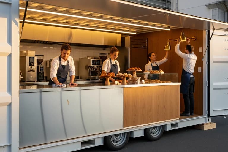 Container aménagé mobile MCR, côté ouvert, transformé en café pâtisserie lumineux. Personnel préparant viennoiseries sur comptoir moderne.
