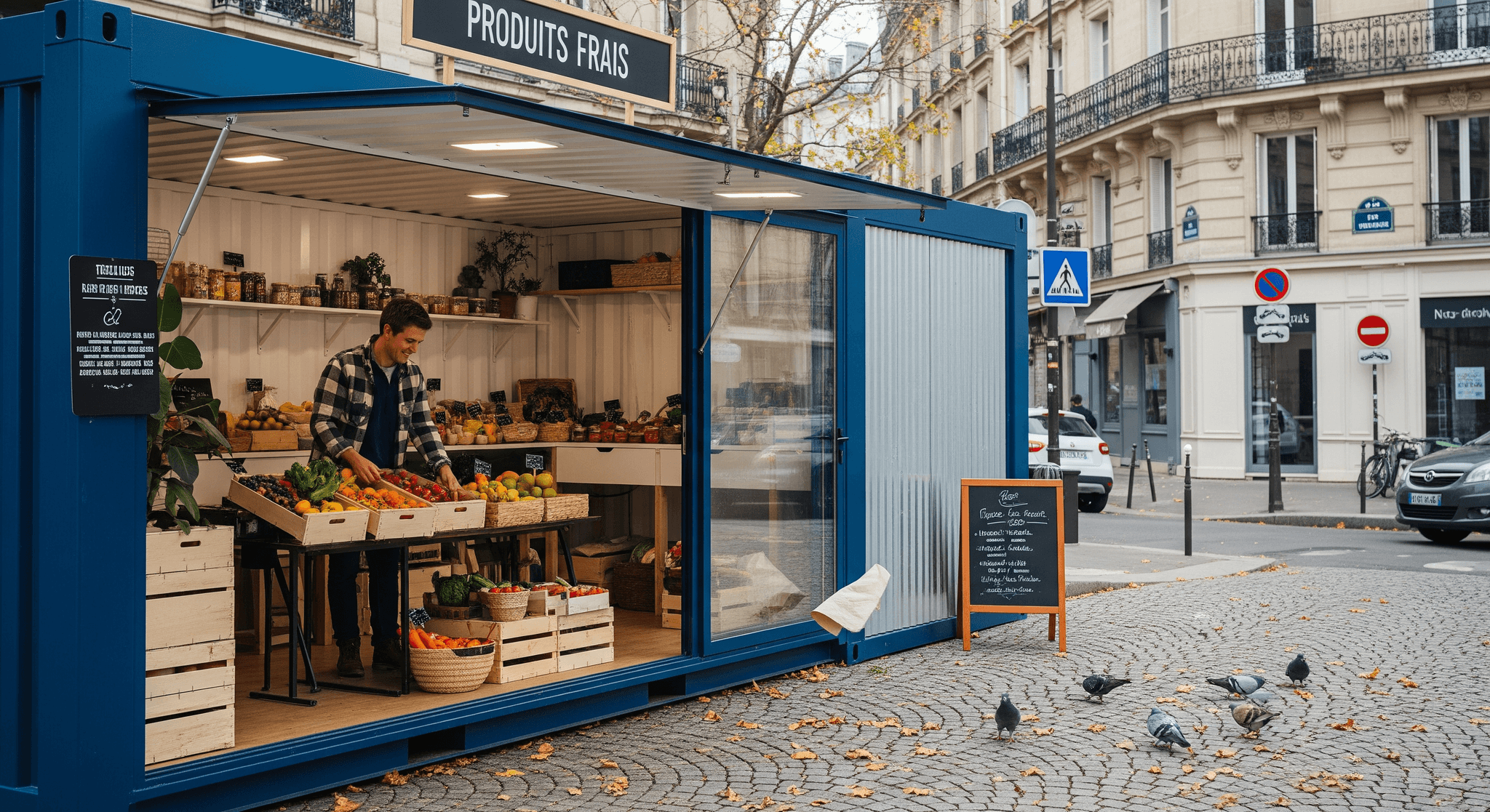 Container modulaire bleu aménagé en pop-up store primeur, vendeur organisant fruits et légumes frais en milieu urbain.