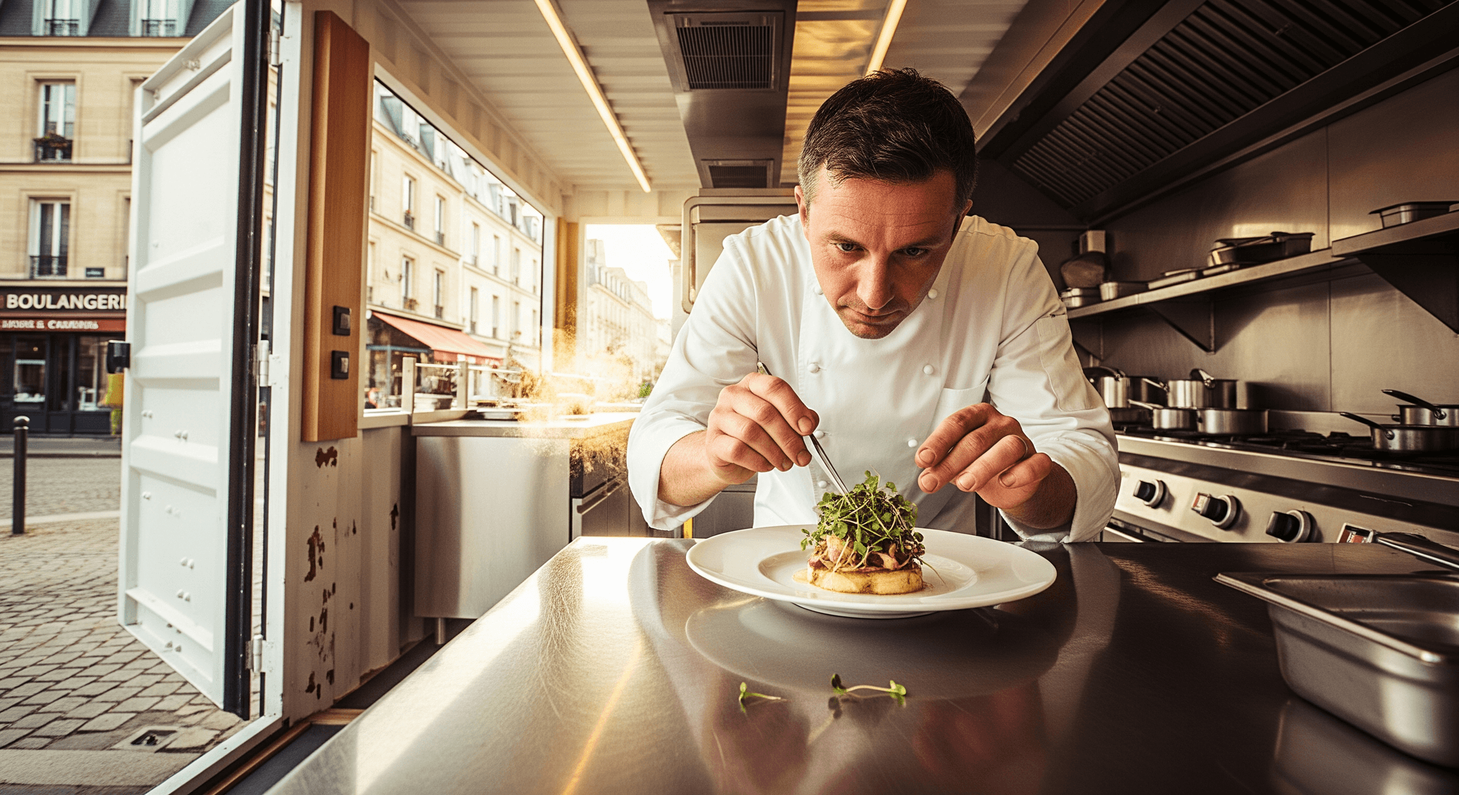 Chef dresse un plat gastronomique dans un container aménagé MCR, cuisine professionnelle pour restauration mobile urbaine.