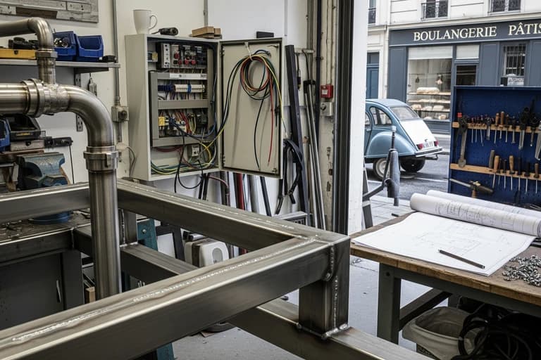 Atelier Mon Camion Resto : châssis métallique soudé en fabrication, tableau électrique, plans techniques de concept mobile.