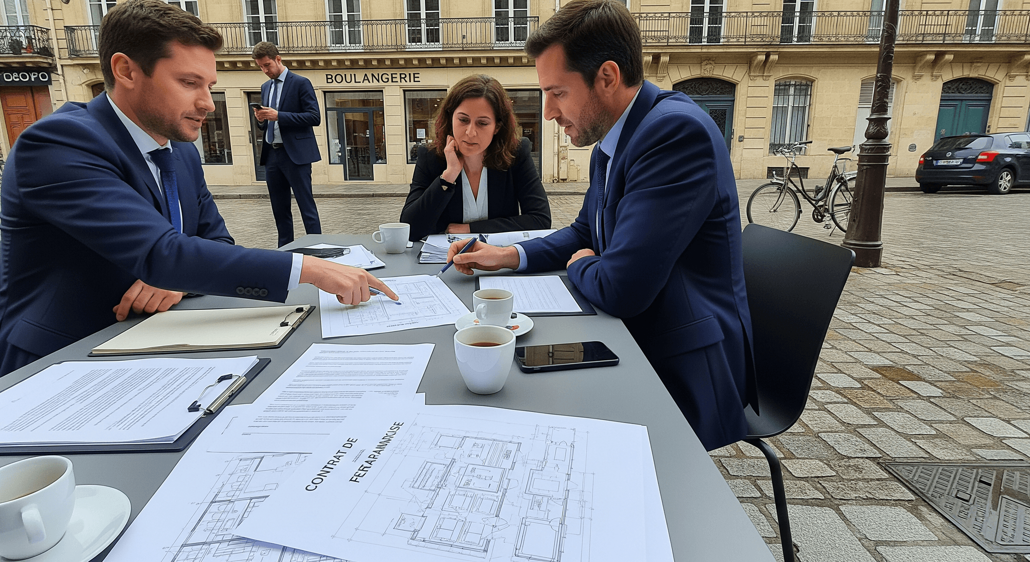 Entrepreneurs examinent plans d'aménagement et contrat de franchise pour food truck ou concept mobile.
