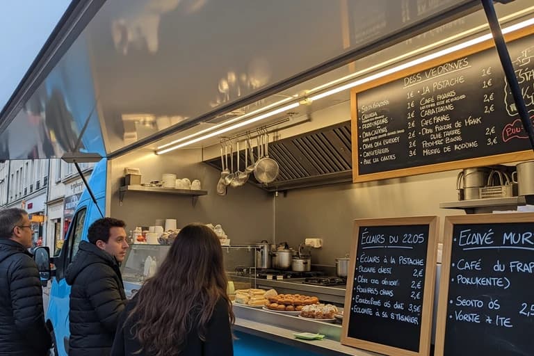 Intérieur de food truck bleu avec éclairage LED linéaire, cuisine en inox, pâtisseries exposées et clients au comptoir.