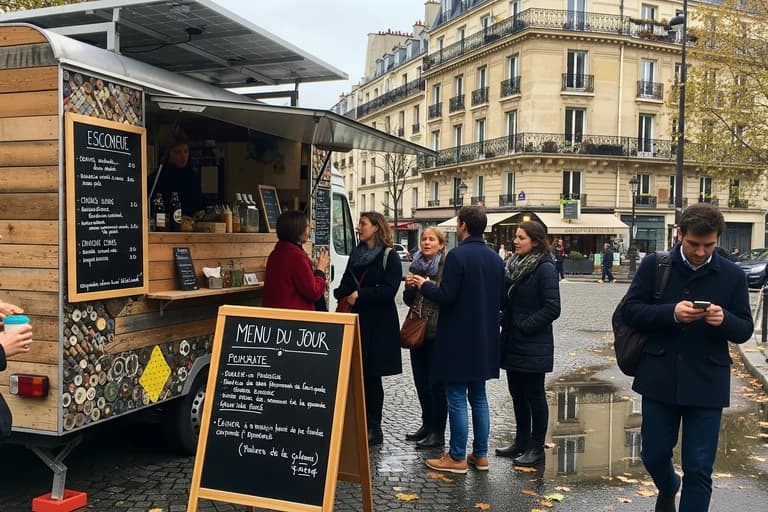 Food truck design écologique en bois et matériaux recyclés, équipé de panneaux solaires, servant des clients en ville.