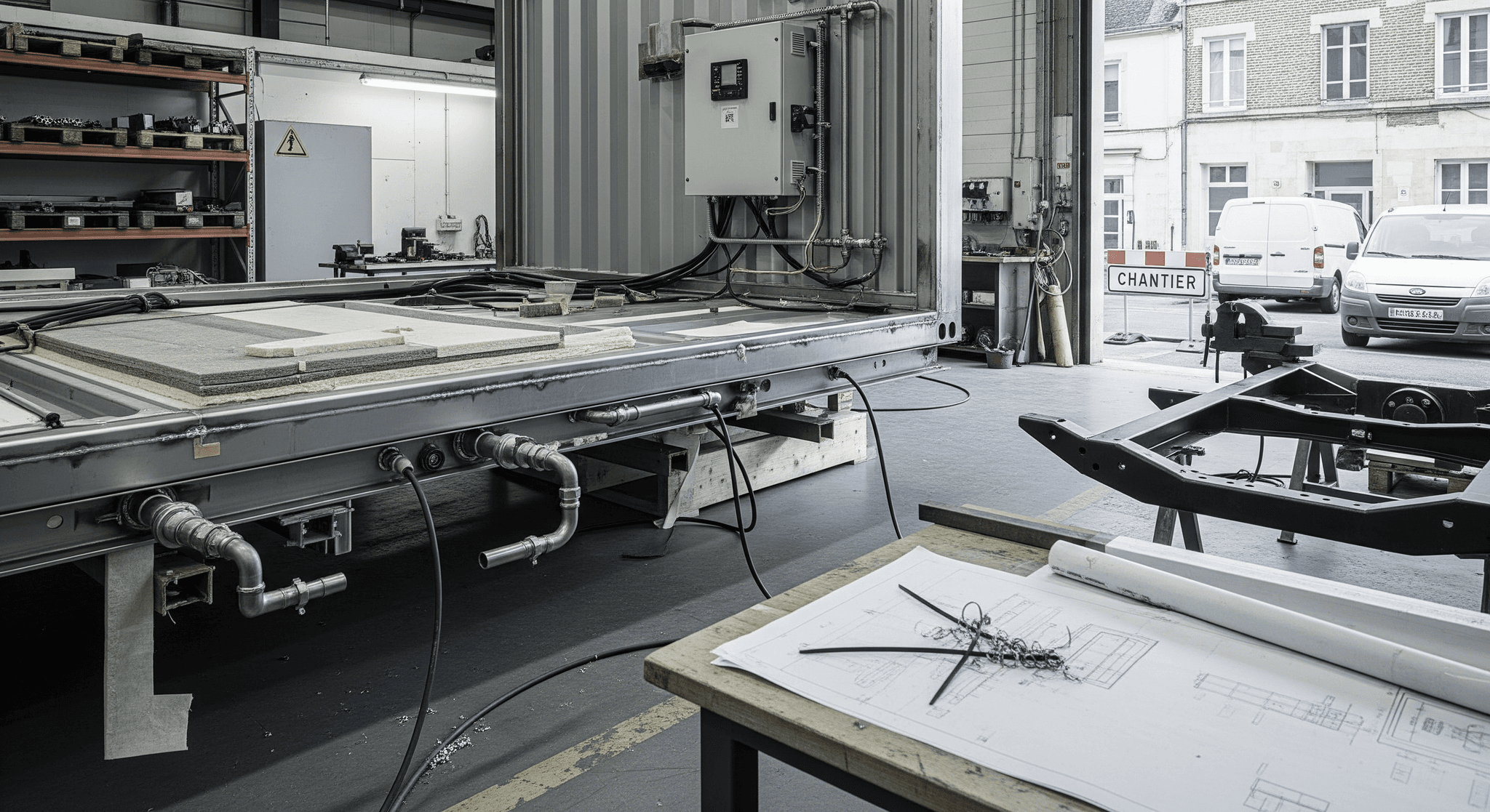 Atelier Mon Camion Resto : transformation d'un container aménagé avec isolation thermique, tableaux électriques et plans techniques.