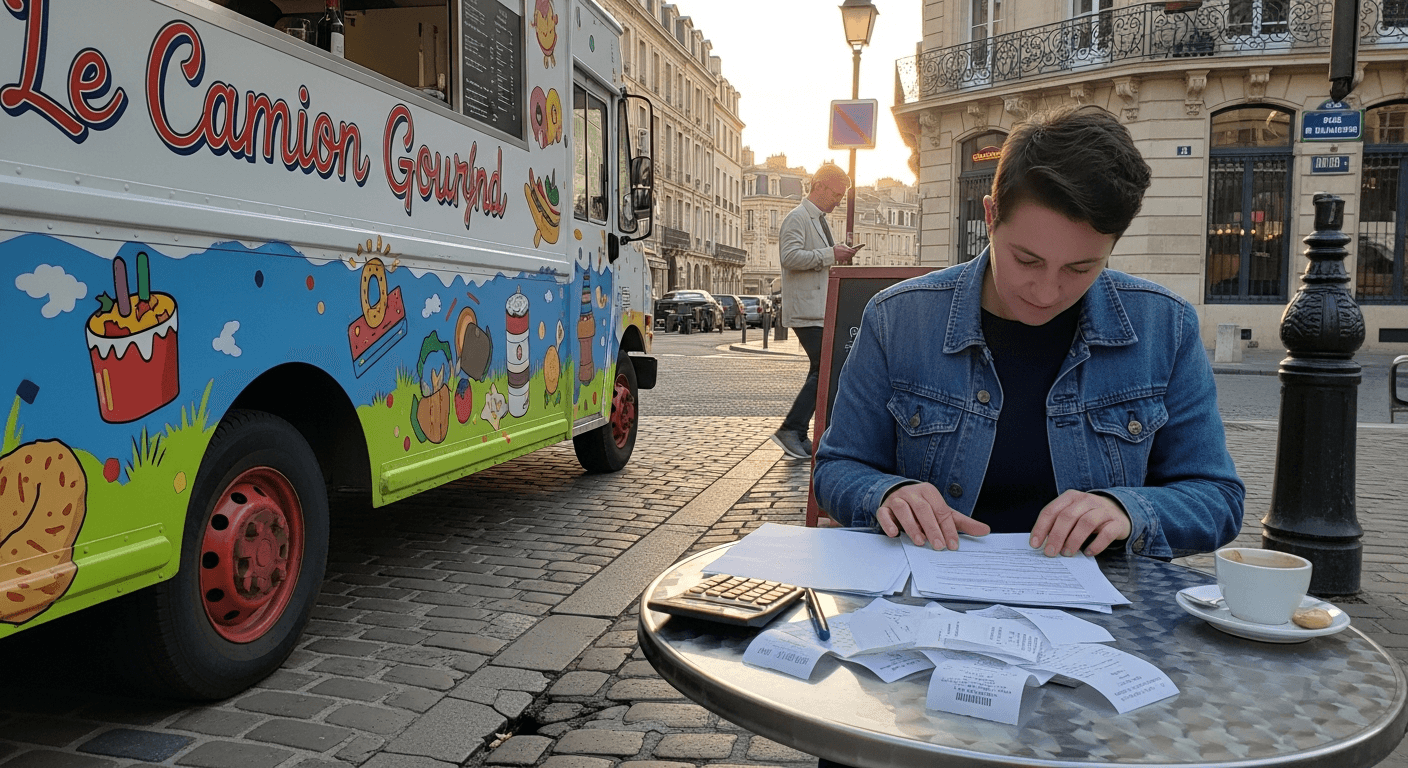 Entrepreneur gérant sa comptabilité food truck sur une terrasse, calculatrice et factures étalées devant un camion gourmand
