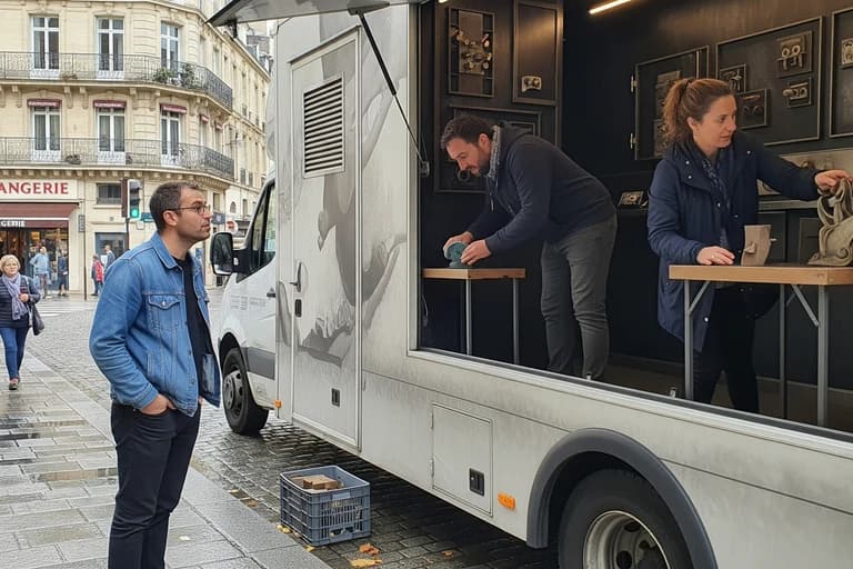 Camion aménagé MCR pour escape game mobile en ville. Deux animateurs présentent des énigmes interactives, un visiteur observe.