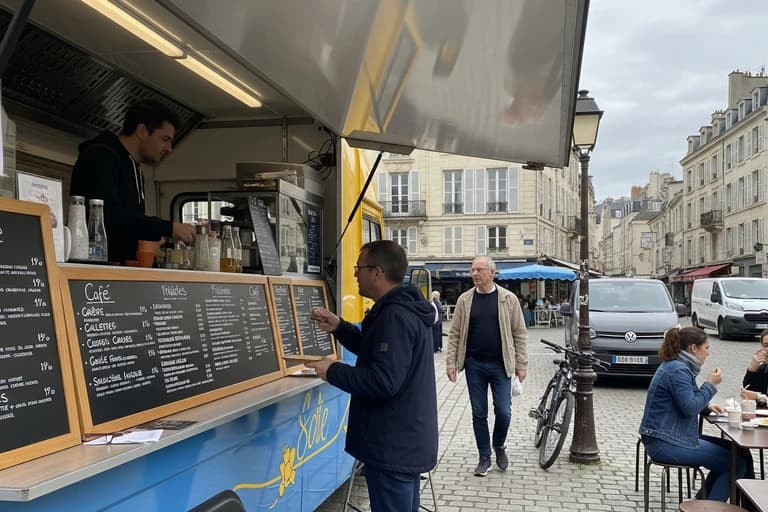 Food truck jaune crêperie en activité sur place pavée. Vendeur sert un client devant des menus ardoise, concept mobile.