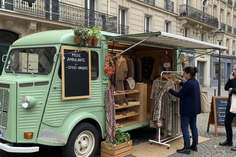 Fourgon Citroën Type H vert aménagé en boutique de mode ambulante, présentant vêtements et accessoires élégants.