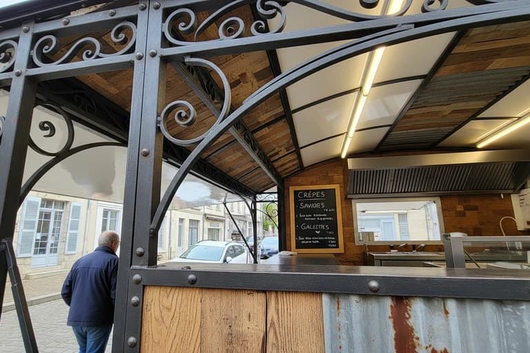 Détail de la ferronnerie ornementale d'un food truck MCR, avec comptoir en bois brut, métal patiné et plafond bois.