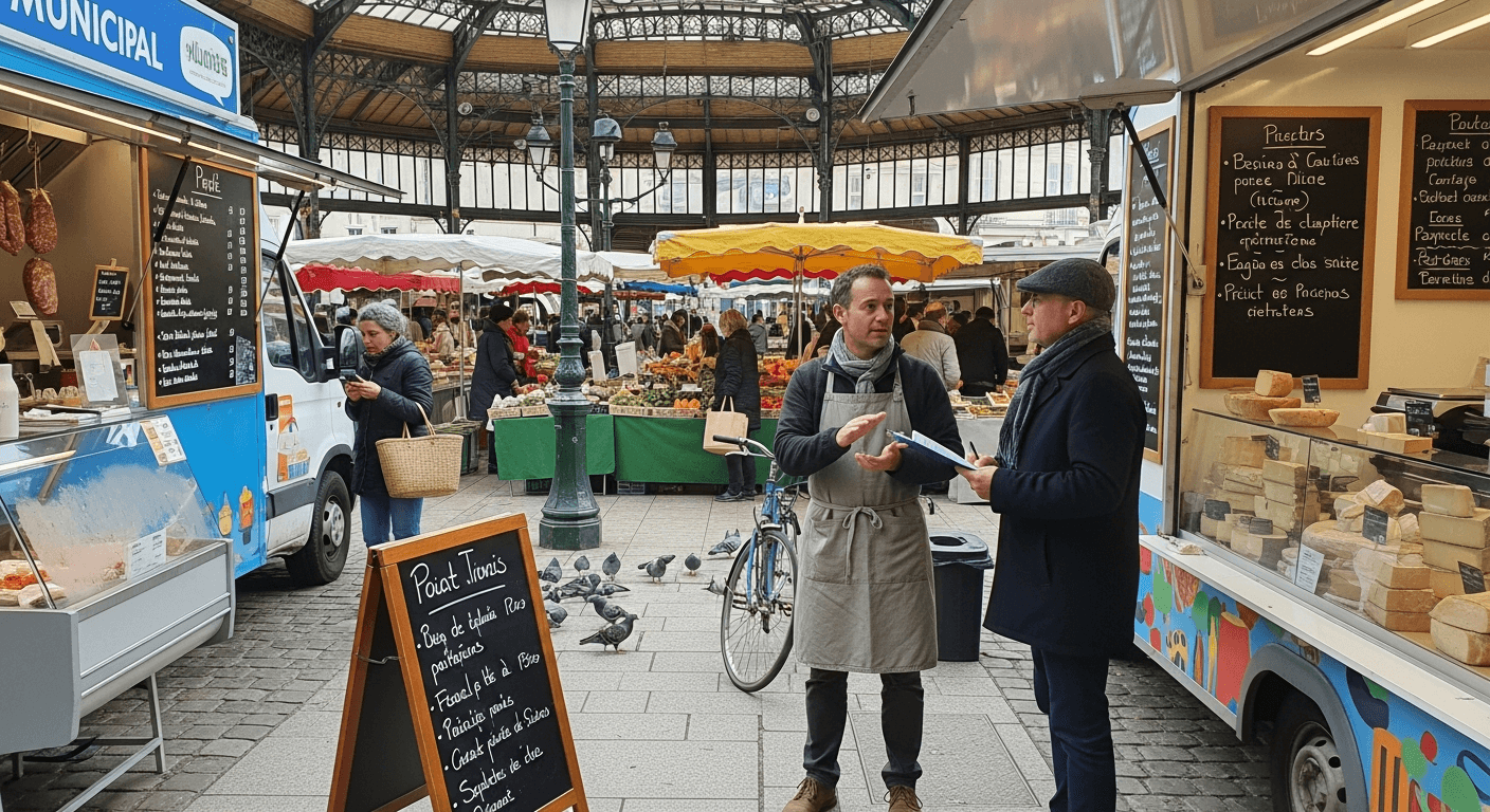 Food truck bleu municipal et remorque fromages sur marché couvert avec vendeurs et clients