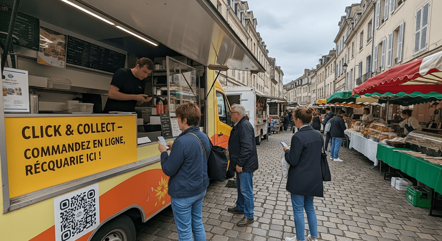 Food truck coloré proposant click & collect avec QR code sur marché français pavé