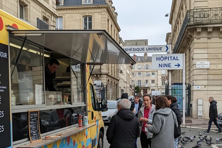 Food truck jaune dynamique servant cafés et crêpes à des clients devant un hôpital, exemple de restauration mobile urbaine.