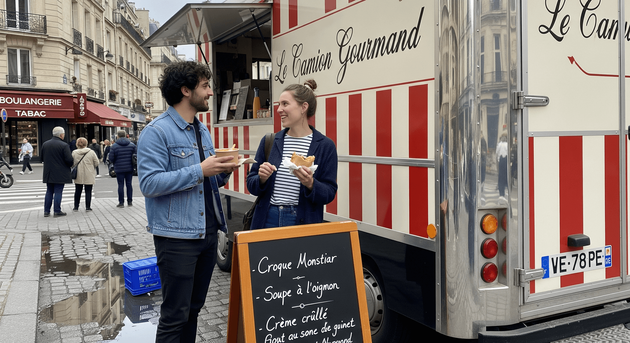 Clients satisfaits devant un food truck rayé rouge et blanc "Le Camion Gourmand", concept mobile de restauration urbaine.