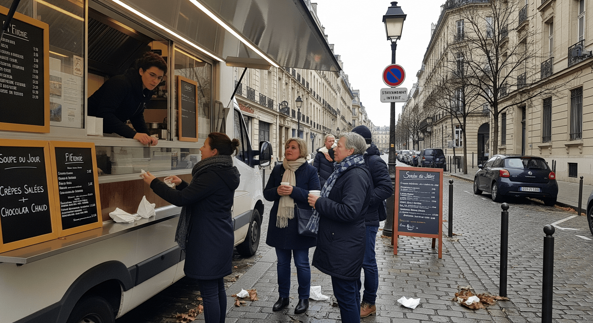 Fourgon food truck blanc aménagé servant crêpes et soupes à des clients par temps froid, dans une rue pavée parisienne.