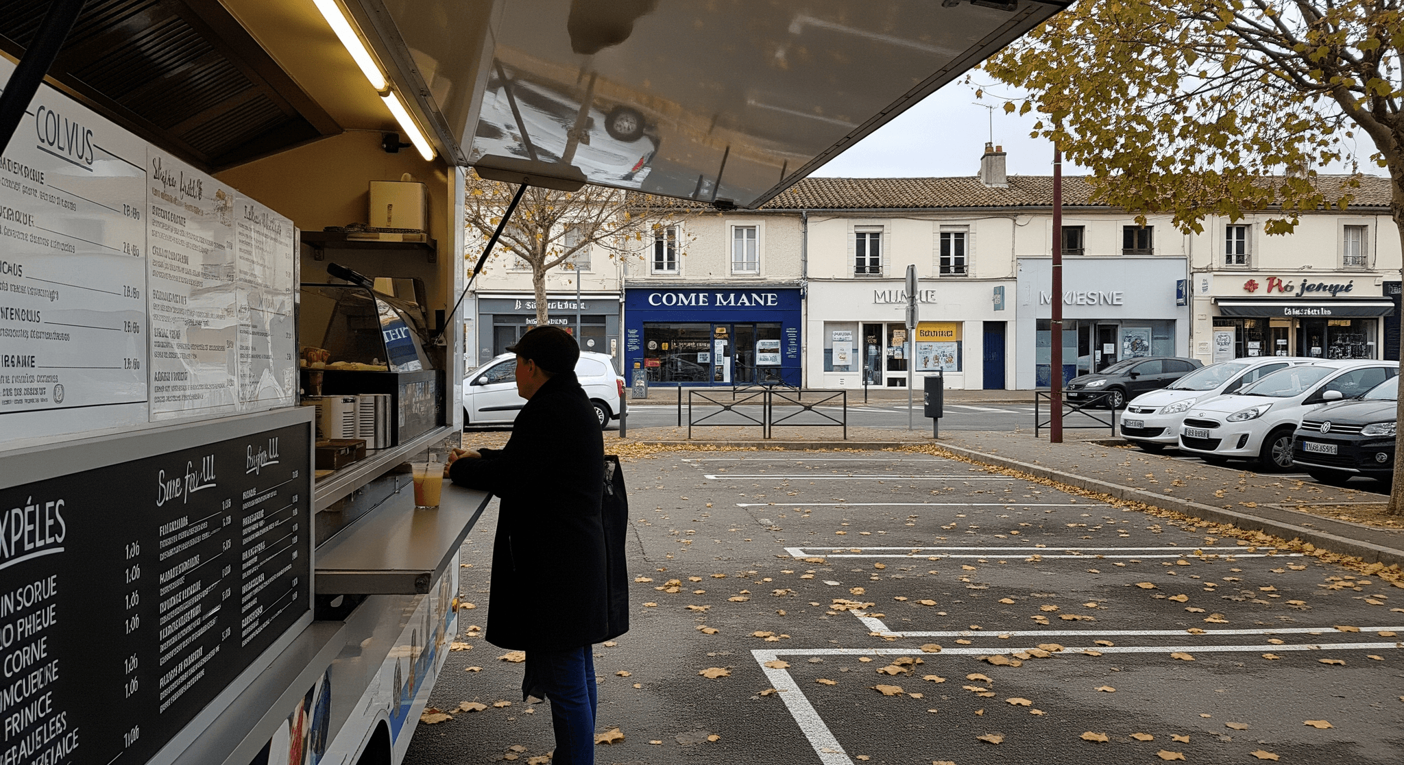 Food truck professionnel ouvert en zone commerciale, client au comptoir avec boisson, menus clairs, parking automnal.