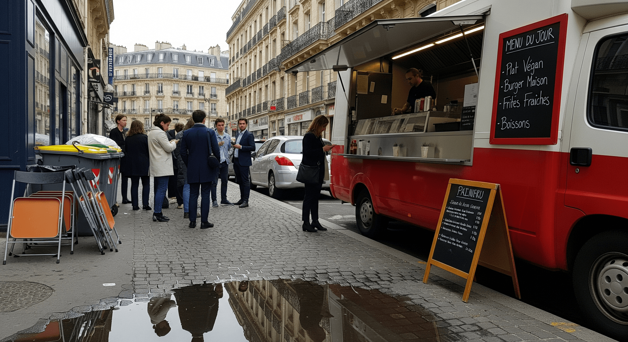 Food truck rouge et blanc proposant plat végan et burger maison en zone de bureaux, captant la clientèle du midi. Concept mobile de restauration.