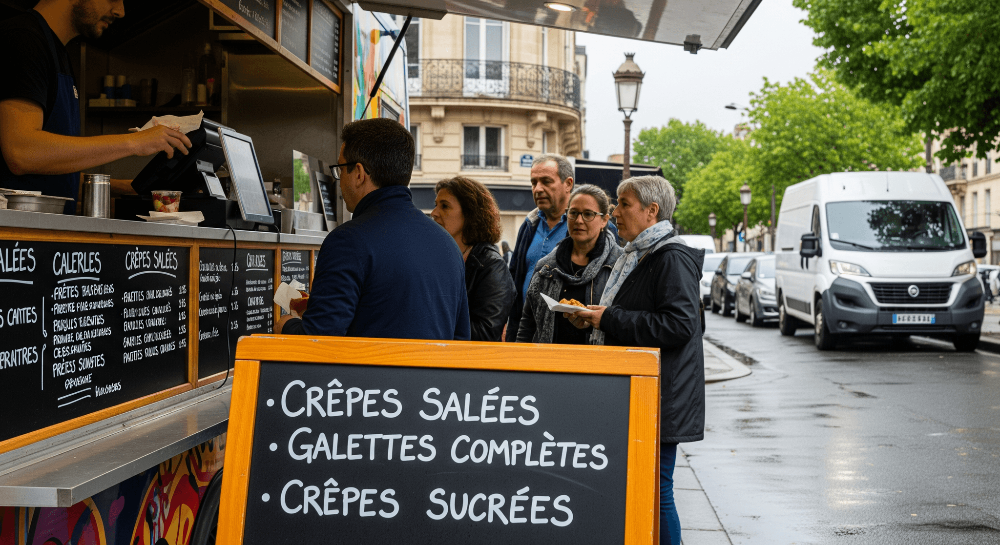 Food truck crêperie en ville avec clients attendant leur commande. Le menu propose crêpes salées et sucrées.
