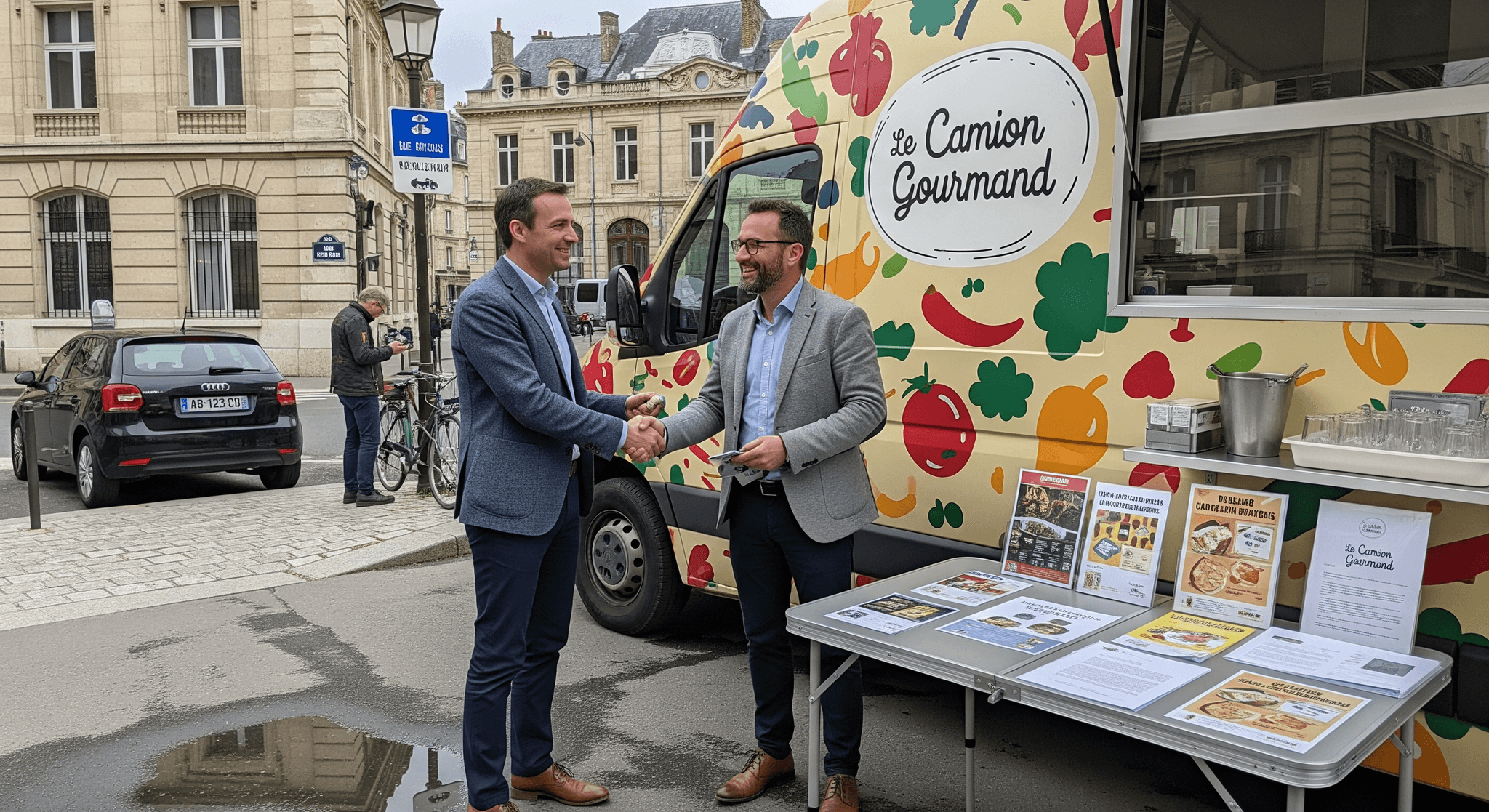 Signature de partenariat devant un food truck "Le Camion Gourmand" aux motifs colorés, un concept mobile de restauration clé en main.