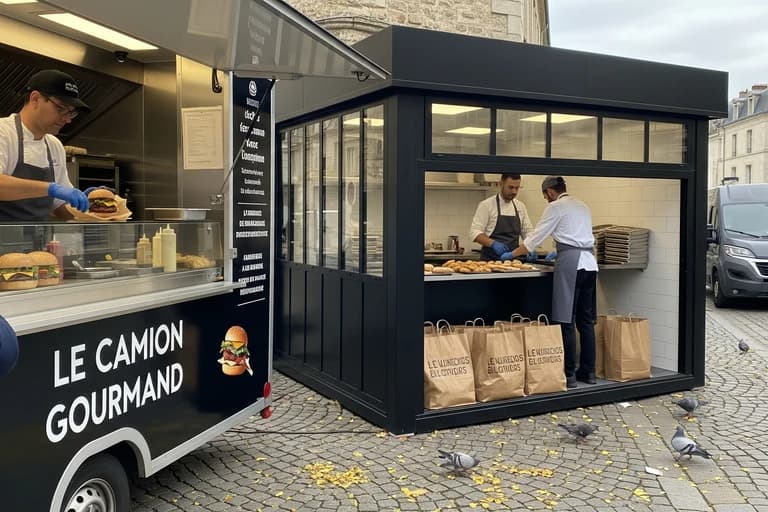 Remorque food truck noir 'Le Camion Gourmand' et kiosque de préparation MCR. Deux chefs en cuisine urbaine servent burgers et pains frais.