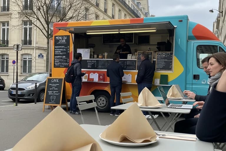 Food truck MCR aux couleurs vives (turquoise, orange, jaune) servant des clients en ville, avec terrasse et coworkers.