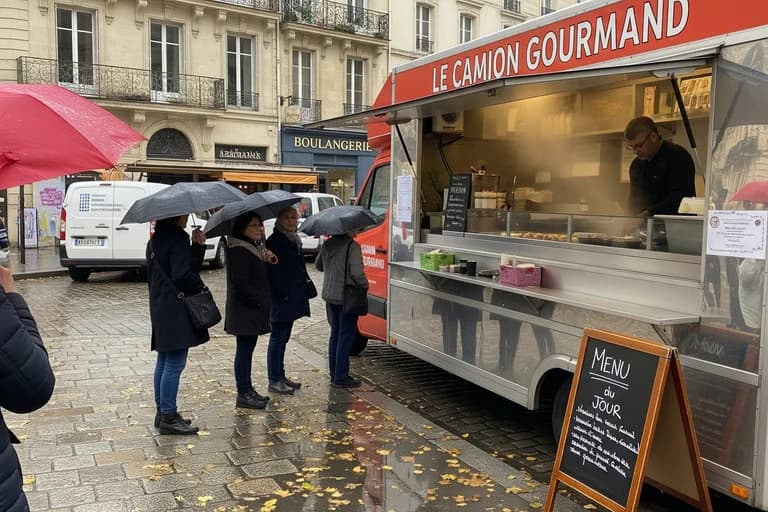 Food truck rouge et argent 'Le Camion Gourmand' en service sous la pluie, avec chef et clients sous parapluies.