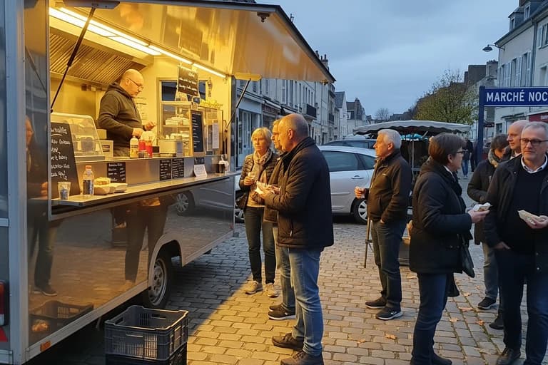 Remorque food truck MCR éclairée, servant des clients sur un marché nocturne urbain. Solution de restauration mobile événementielle.