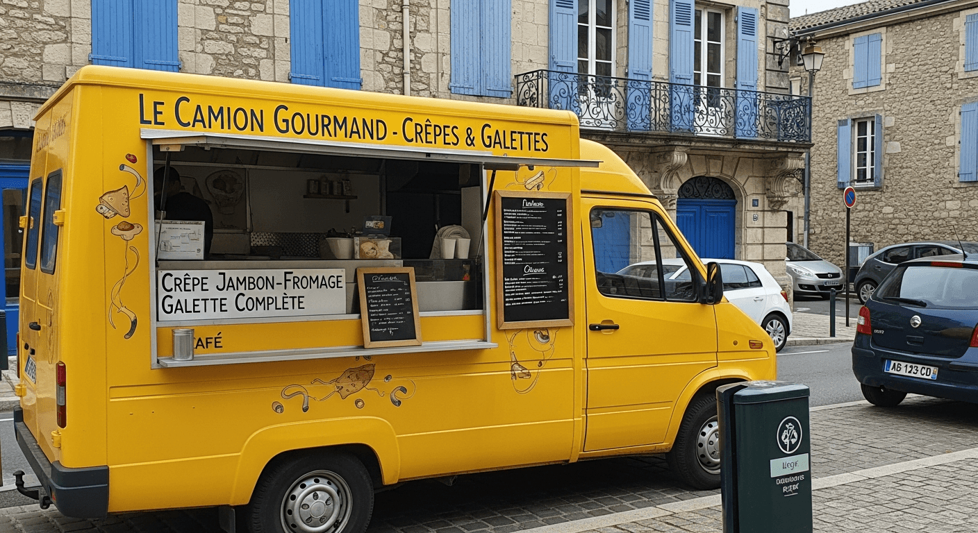 Food truck jaune Le Camion Gourmand spécialisé crêpes et galettes stationné sur place pavée