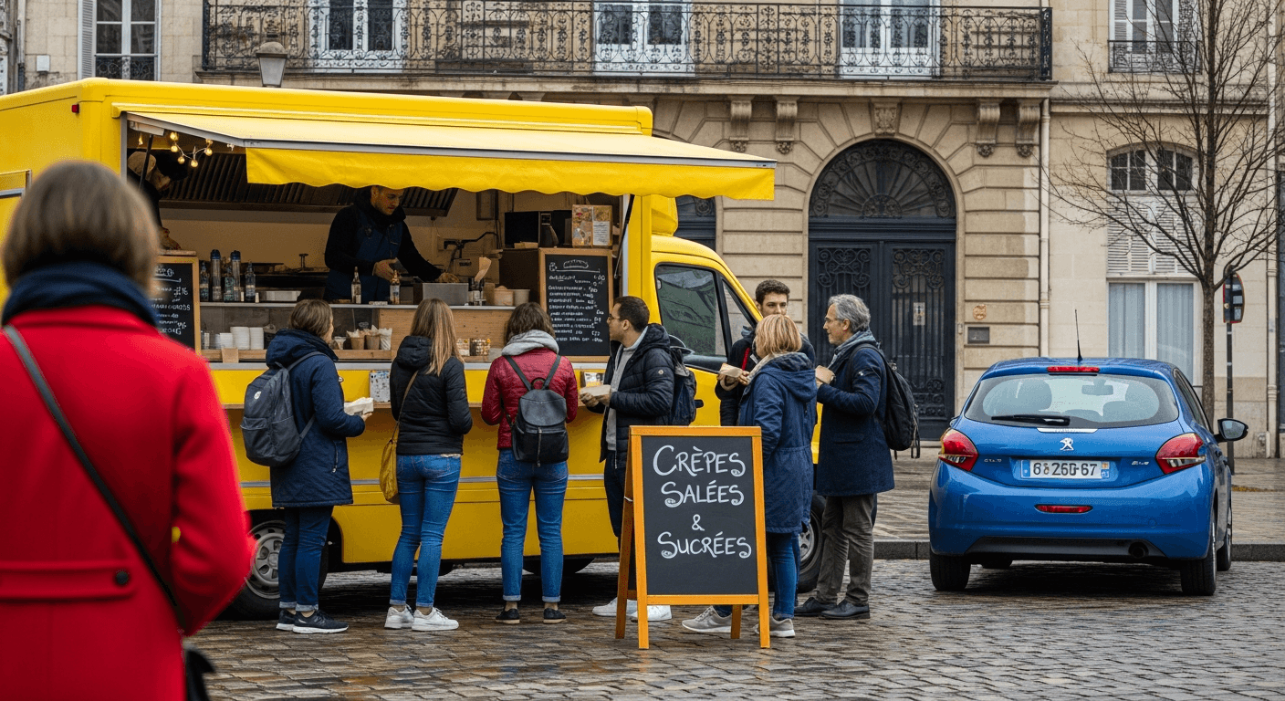 Food truck jaune servant crêpes salées et sucrées avec clients faisant la queue sur place pavée