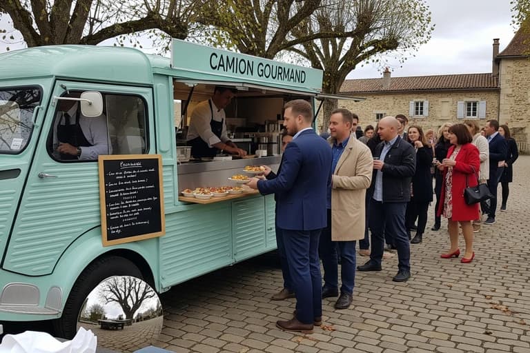 Food truck Citroën HY bleu-vert 'Camion Gourmand' servant un buffet traiteur à des invités en extérieur.