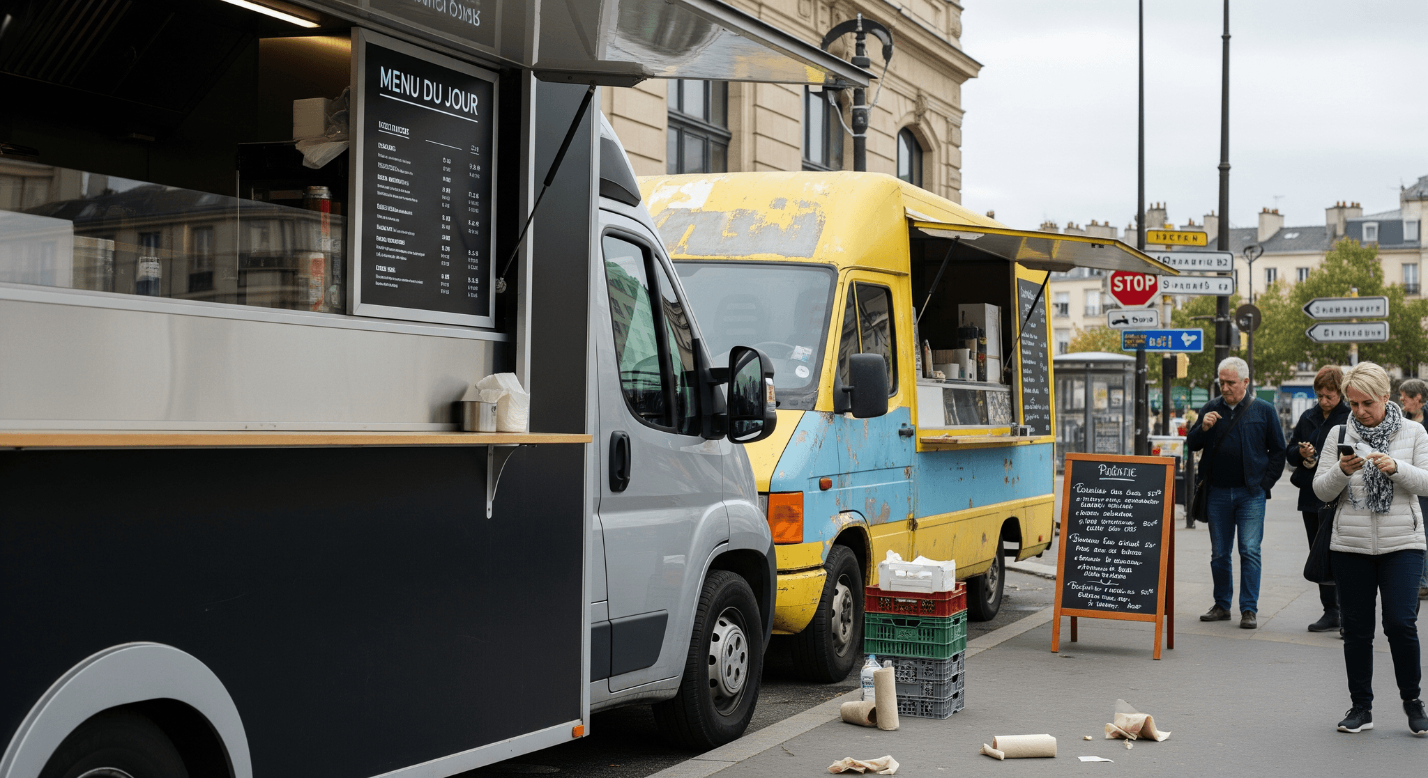 Food truck neuf gris avec menu rétroéclairé à côté d'un fourgon de restauration occasion jaune patiné en milieu urbain.