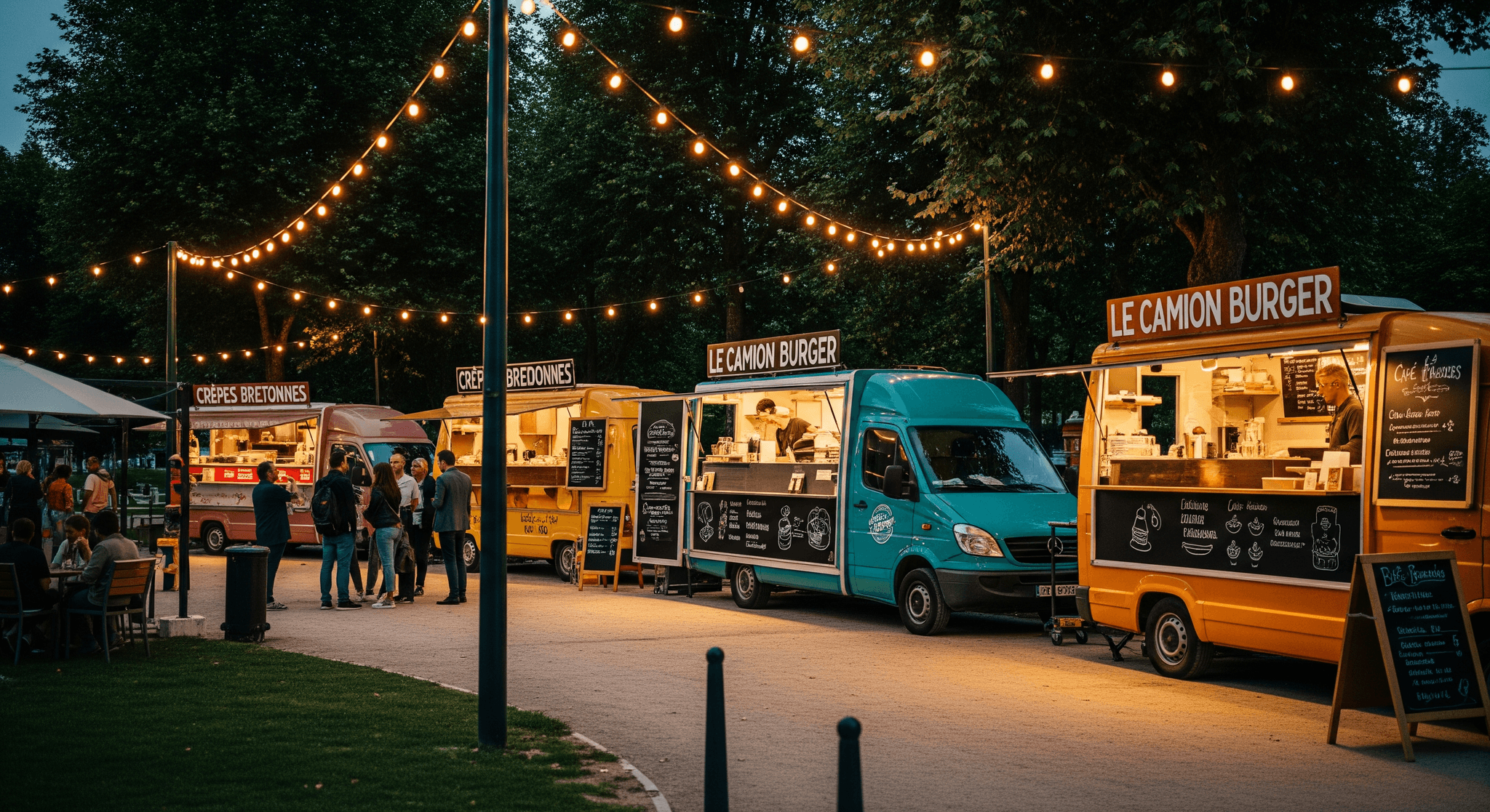Quatre food trucks (crêpes, burgers) alignés dans un parc de restauration ambulante en soirée, éclairés par des guirlandes.