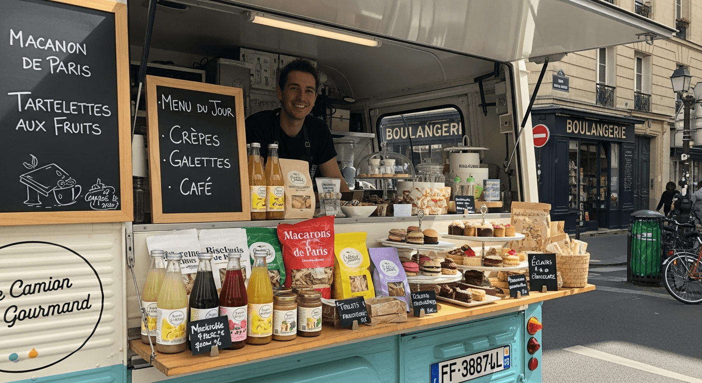 Food truck pâtisserie avec aménagement bois et éclairs au chocolat, exploité par un vendeur souriant dans rue parisienne