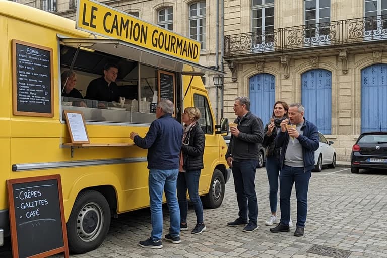 Food truck van jaune "Le Camion Gourmand" équipé pour crêpes et galettes, servant des clients sur une place urbaine.
