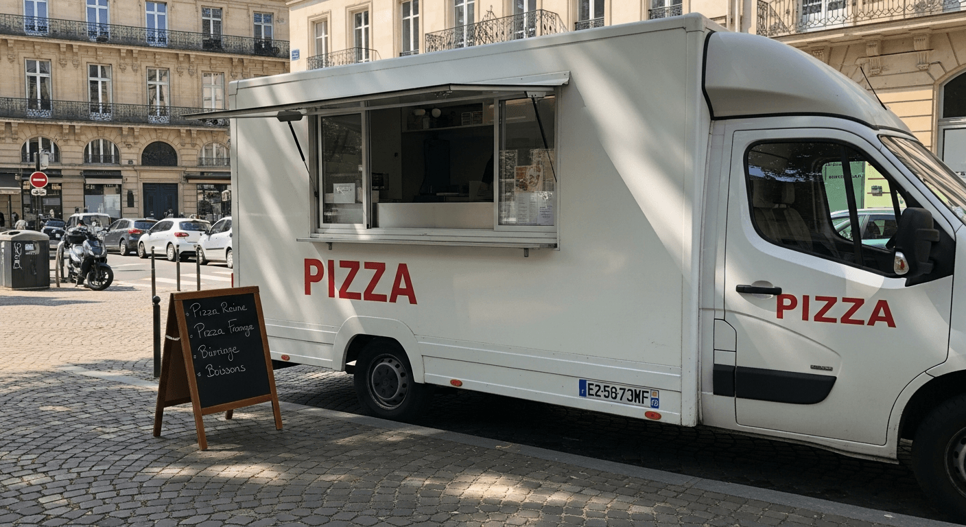 Food truck pizza blanc avec service par trappe latérale ouverte sur place pavée urbaine