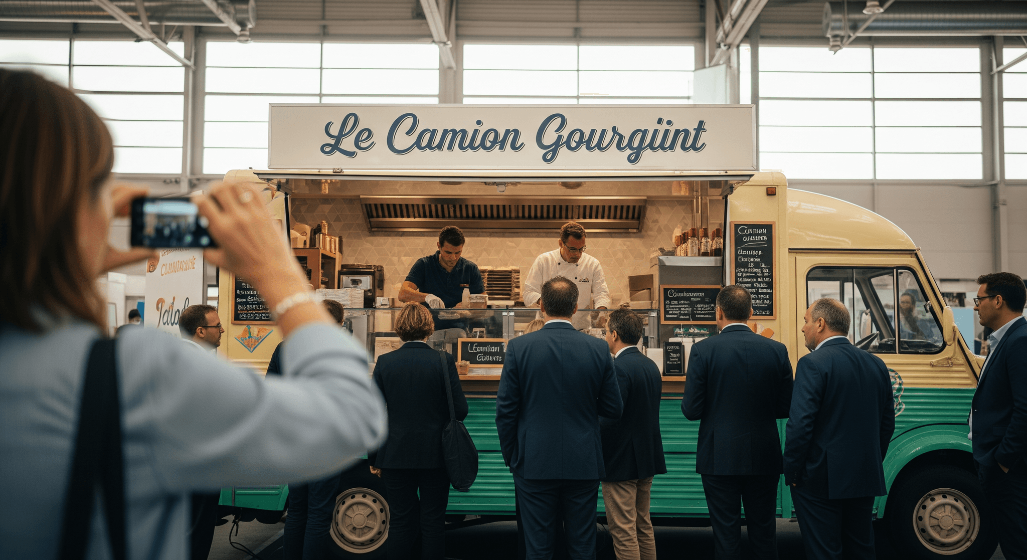 Food truck Type H aménagé, "Le Camion Gourgünt", avec chefs servant sur un stand de restauration pour un salon professionnel.