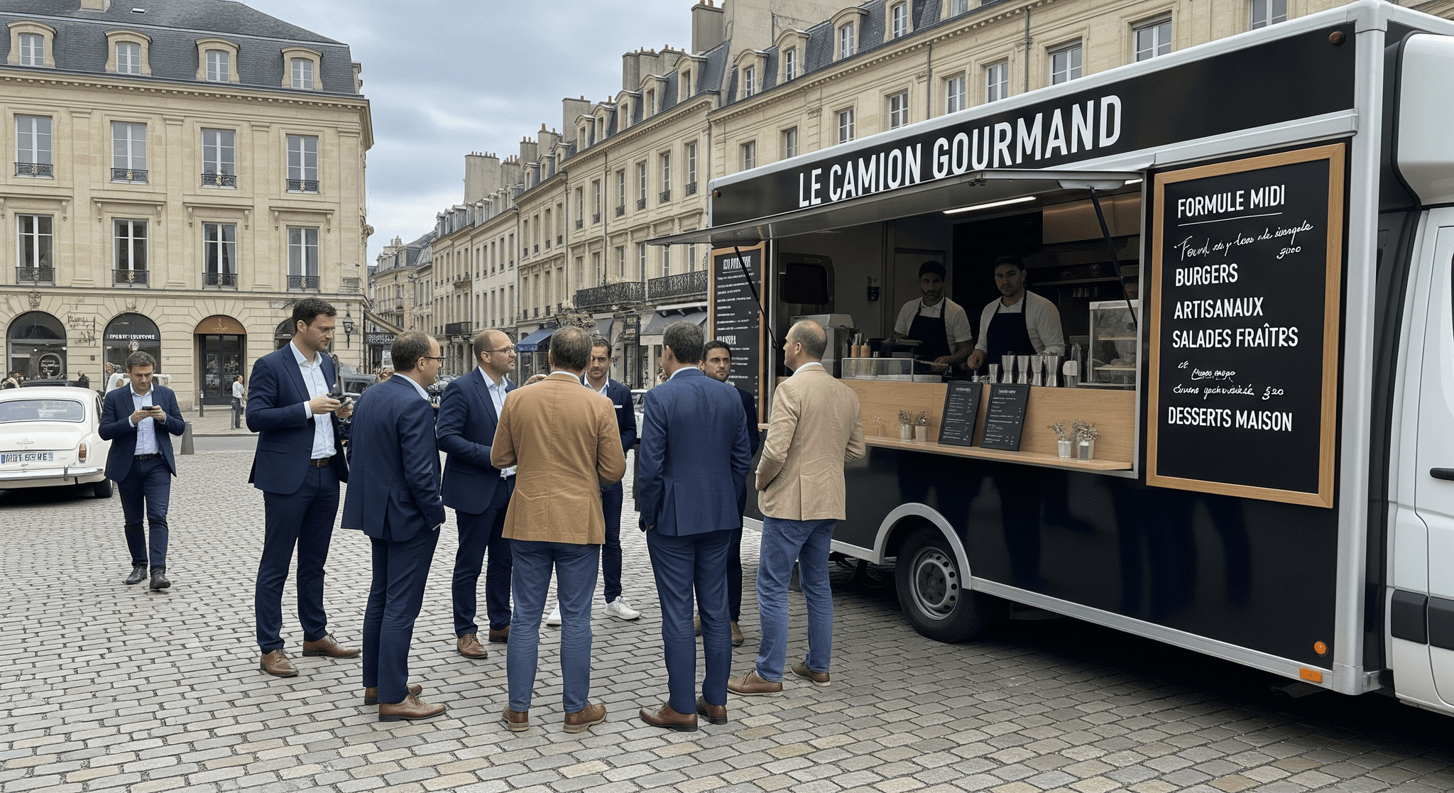 Food truck noir "Le Camion Gourmand" propose une restauration mobile pour un séminaire d'entreprise en ville.