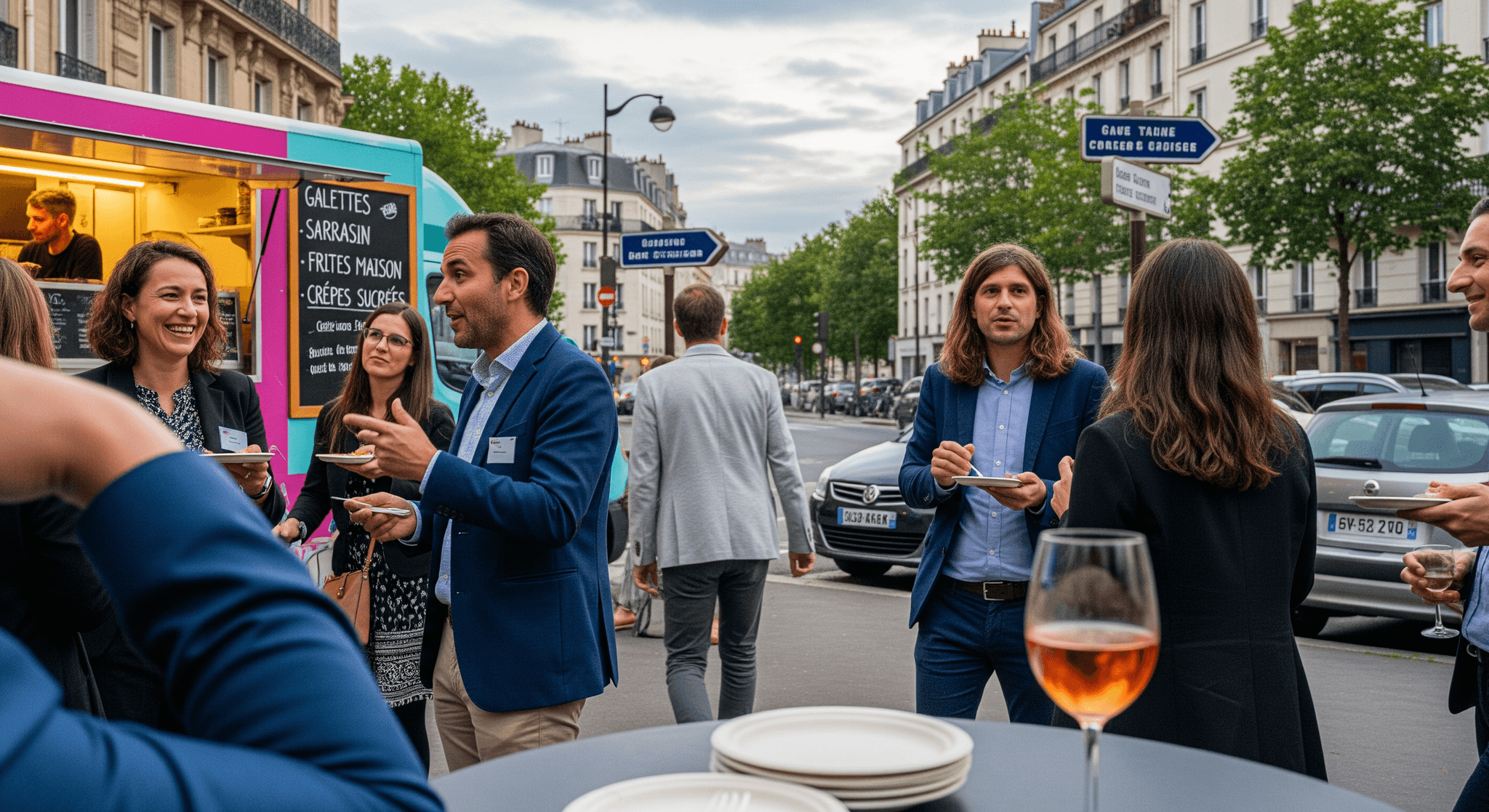 Food truck événementiel bicolore rose et bleu MCR servant galettes et crêpes à des convives lors d'un afterwork corporate en ville.