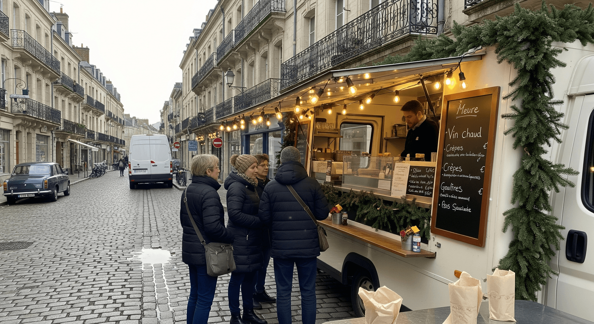 Food truck blanc aménagé, décoré pour un marché de Noël, servant crêpes et vin chaud dans une rue pavée animée.