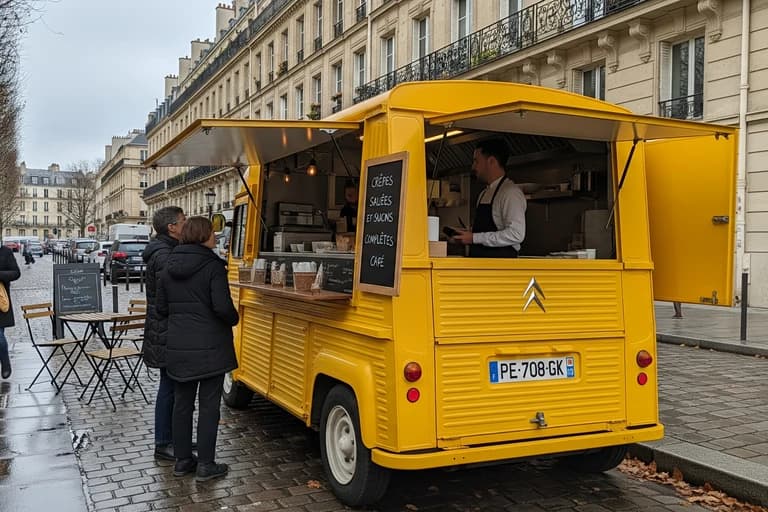 Food truck Citroën Type H jaune vif, concept mobile crêperie, avec vendeur et clients en service sur rue parisienne.