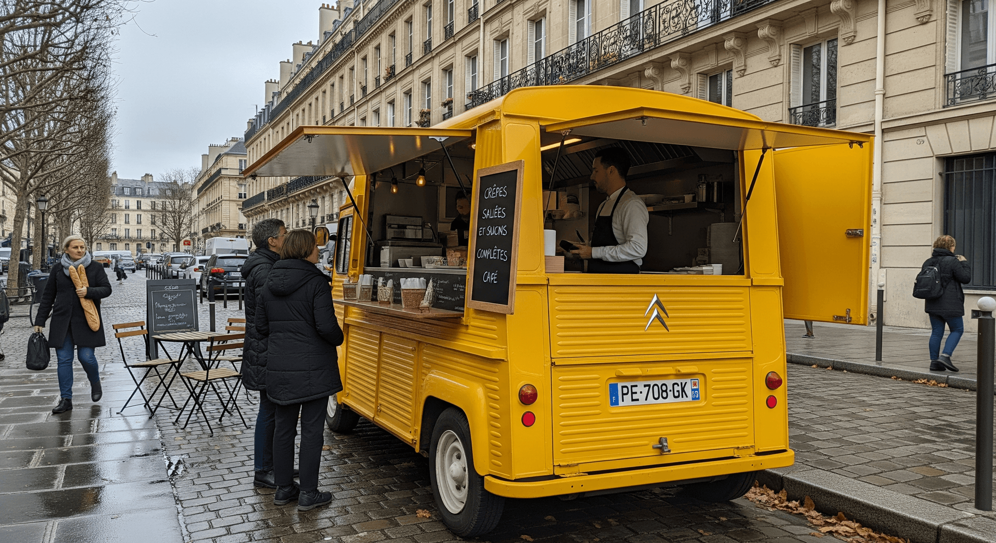 Food truck Citroën Type H jaune vif, concept mobile crêperie, avec vendeur et clients en service sur rue parisienne.